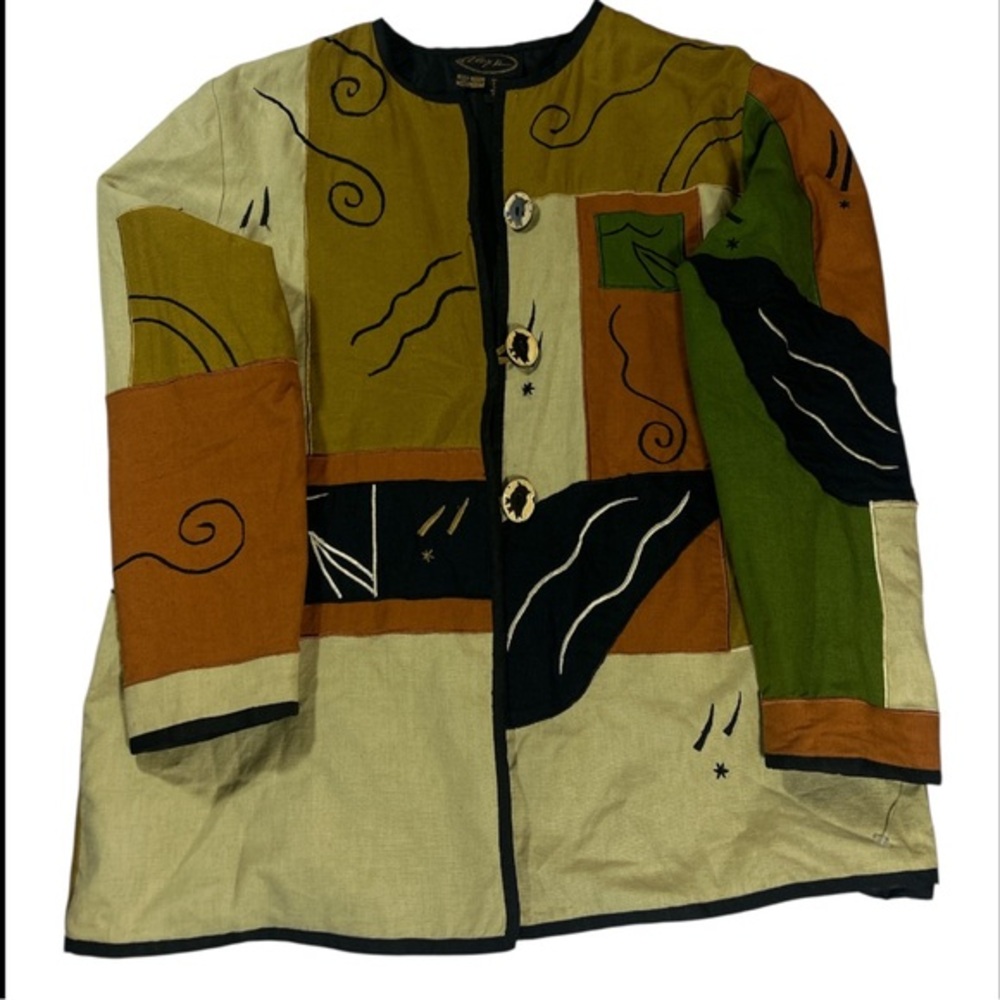 Vtg Alex Kim Art to Wear Patchwork Jacket Missy‎ M Cotton Linen Abstract Boho
